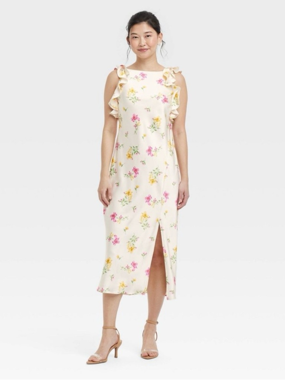 a new day Cream Floral Ruffle Midi Dress with Pink & Yellow Blooms